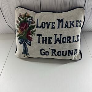 Vintage Tapestry Pillow Love Makes The World Go 'Round 80s Floral Design Cottage